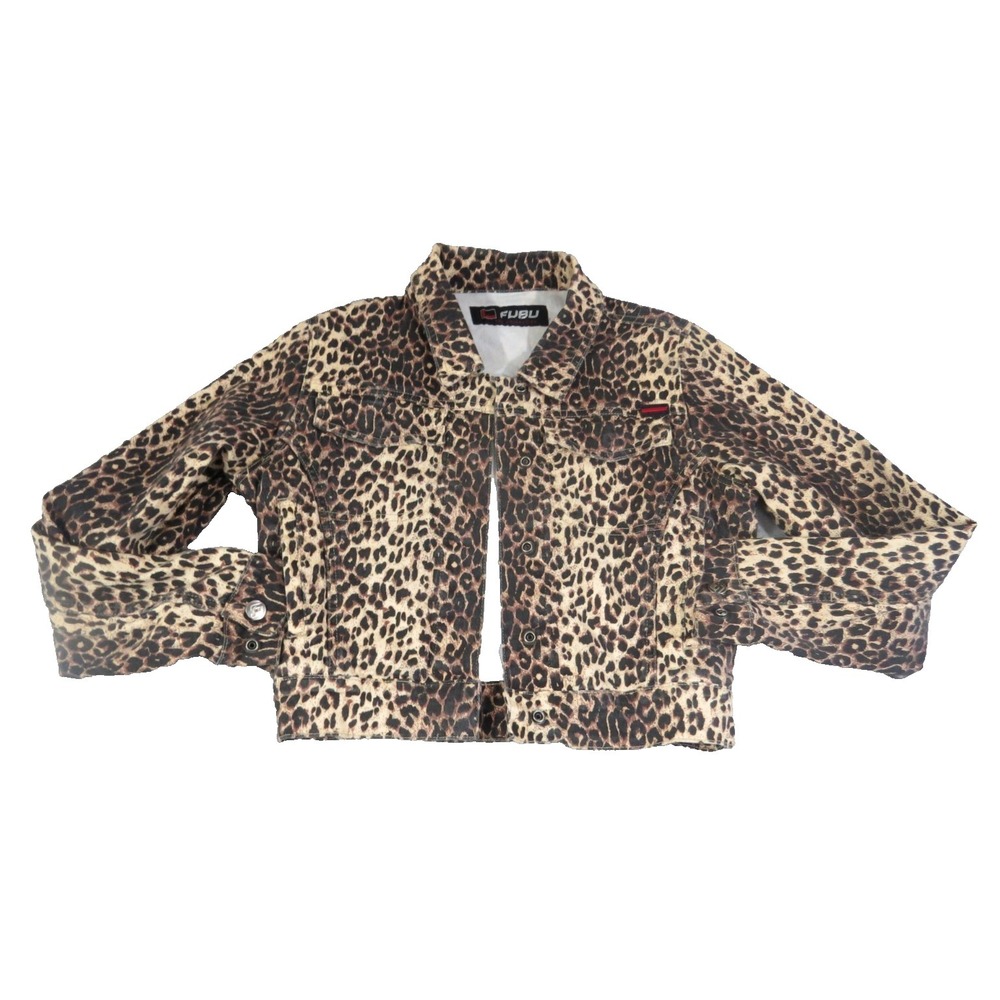 FUBU Vintage Leopard Print Denim Jacket Womens Medium Y2K Animal Print Trucker